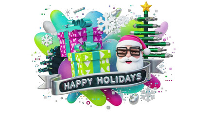 Modern Santa Happy Holidays With Gifts And Glitch Christmas Tree