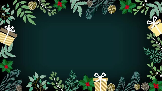 Xmas Frame Animation of Gifts and Plants on Green Background