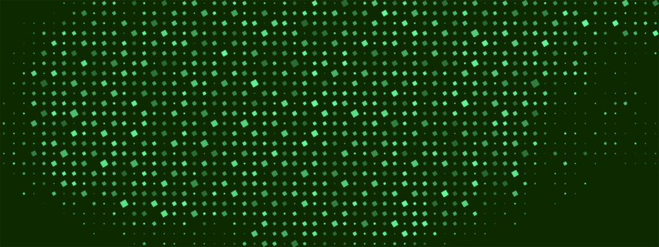 Glowing green halftone dot background. Bright circular lights grid on dark. Futuristic and vibrant texture pattern. Geometric minimal digital design.