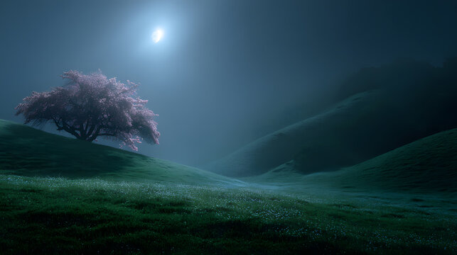 Serene Night Bloom: A solitary, blossoming tree stands silhouetted against a softly lit moon in a tranquil, atmospheric landscape. Enhancing the mysterious ambiance.