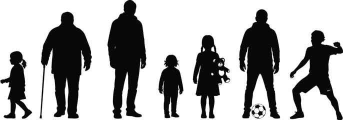 Children, Young Men, and Elderly Man with Cane Representing Different Ages, Activities, and Family Life Cycles