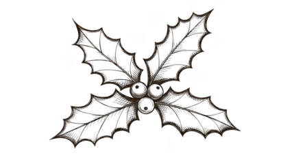 Stylized Holly Leaves And Berries Line Art On Black