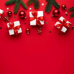Festive Christmas gifts and ornaments with pine branch on red background
