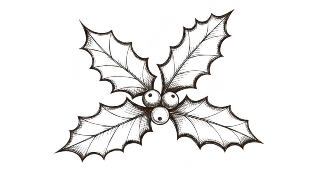 Stylized Holly Leaves And Berries Line Art On Black
