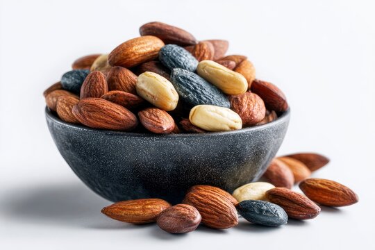 A bowl of almonds with white brown and black almonds spilling out set against a white background