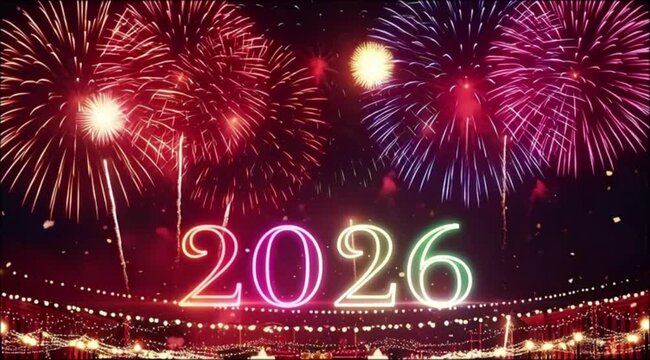 Fireworks display over the year two thousand twenty six with festive lights below at night time