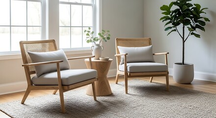 Fototapeta premium Serene and bright modern living room featuring comfortable upholstered wooden chairs, a stylish side table, and a vibrant green plant