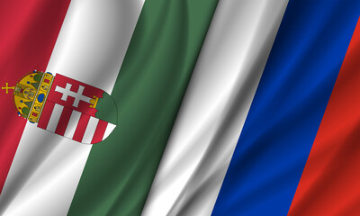 Illustration. Wavy national flags of Hungary and Russia. Hungarian and Russian political banner. Cooperation