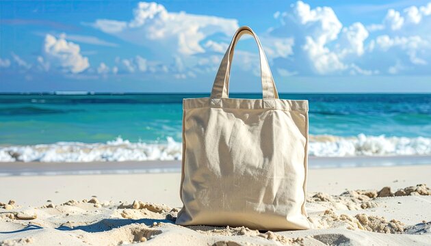 Beige canvas tote bag on sandy beach, ocean backdrop - Powered by Adobe