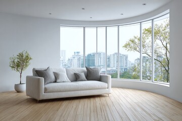 Fototapeta premium Modern living room with a sofa and city view through a curved window.