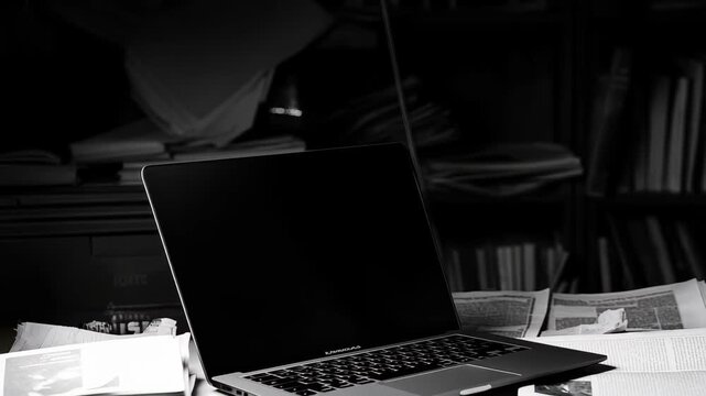 A dimly lit study showcases a disorganized workspace with a laptop resting among stacks of papers, creating an atmosphere of clutter and urgency.