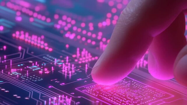 A hand is delicately interacting with a computer chip illuminated by vibrant pink lights, showcasing intricate circuitry patterns during a nighttime setting.