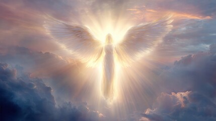 Obraz premium A woman angel is flying in the sky with a bright light shining on her. Concept of hope and positivity