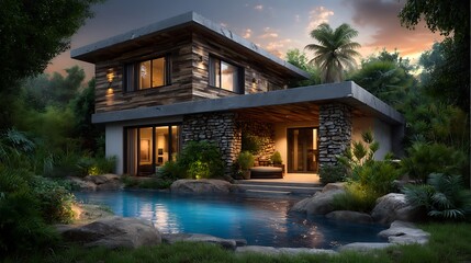 Modern house with wooden panels, elegant nighttime ambiance, clear stars in the background sky, poolside reflections and calm design.