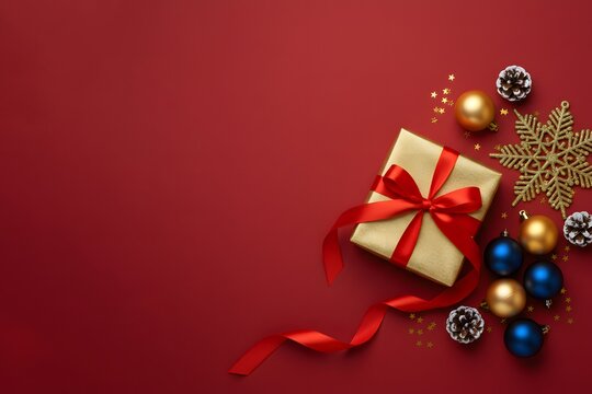 Gold gift box with red ribbon surrounded by festive ornaments on a red backdrop, conveying elegance and holiday spirit. Merry Christmas and New Year. - Powered by Adobe