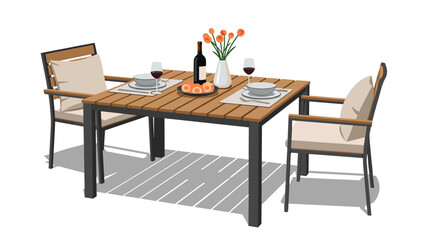 Outdoor dining set with two chairs and a table set for two with wine and fruit.