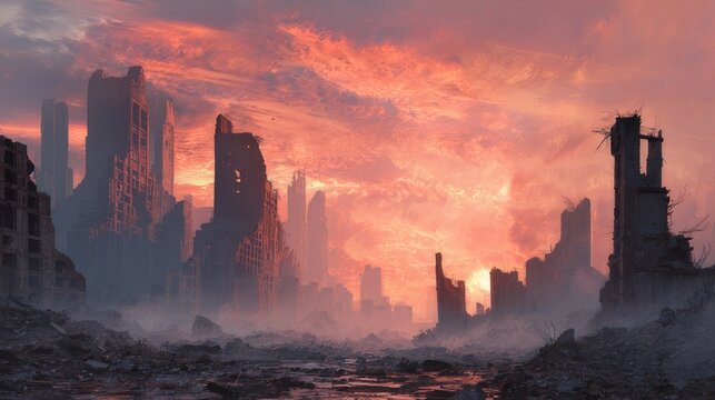 desolate city ruins in a post-apocalyptic landscape with crumbling buildings, overgrown vegetation, and eerie cloudy sky creating a haunting, abandoned urban scene - Powered by Adobe
