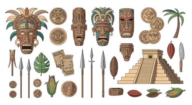 Collection of Mayan artifacts including masks, pyramids, weapons, and cultural items.