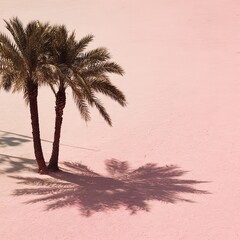 Two palm trees cast shadows on the sand in the desert on a sunny day