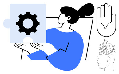 Woman holding gear puzzle piece symbolizing problem solving. Open hand for support, flower-filled head for creativity. Ideal for teamwork, innovation, education, growth, strategy, productivity
