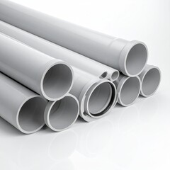 Fototapeta premium Stacked gray plastic pipes of various sizes and shapes on a white background
