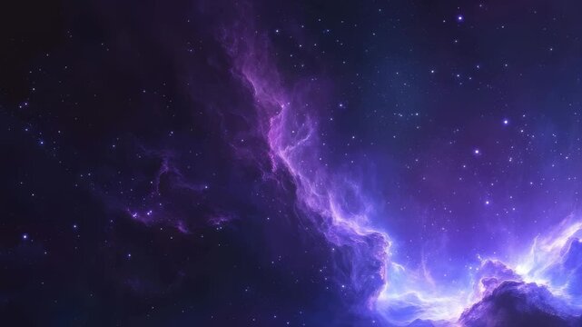 Bright gases and delicate particles in shades of purple and blue create a stunning cosmic nebula. Star formation occurs in this captivating deep space region filled with swirling clouds.