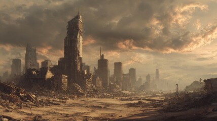 desolate city ruins in a post-apocalyptic landscape with crumbling buildings, overgrown vegetation, and eerie cloudy sky creating a haunting, abandoned urban scene