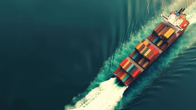 A large cargo ship transports colorful containers as it moves smoothly through the tranquil sea at sunset. The warm light reflects off the water, creating a serene atmosphere.