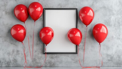 A collection of vibrant red balloons is arranged next to a blank picture frame on a gray wall. This setup creates a festive atmosphere suitable for parties or events.