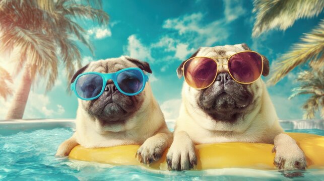 Two playful pugs wear colorful sunglasses while lounging on a bright floating ring in a sunny pool. Palm trees sway in the background under blue skies creating a cheerful atmosphere.