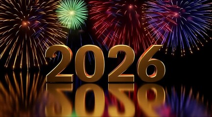 Golden year two thousand twenty six with fireworks on a black reflective background design element - Powered by Adobe