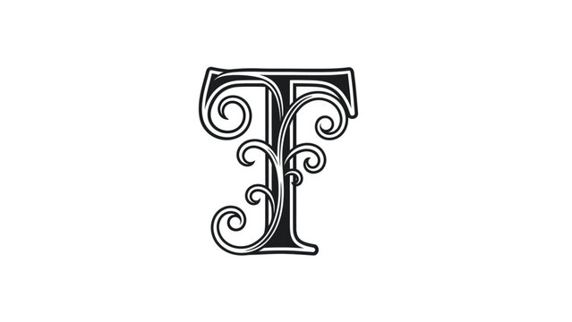 Intricate black and white ornate letter "T" with decorative flourishes, isolated on white background.
