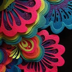 Colorful paper cut flowers create a vibrant and textured abstract design