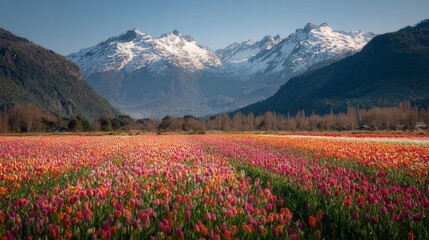 Fototapeta premium Vibrant field of colorful tulips stretching across the valley with snow-capped andes mountains and clear blue sky in trevelin, argentina, showcasing breathtaking natural landscape and scenic floral be
