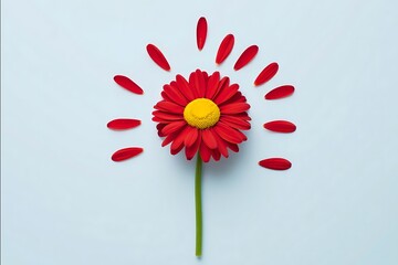 Artistic flower arrangement with red petals on pastel blue background