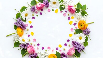Beautiful floral frame of roses daisies and lilac on white background