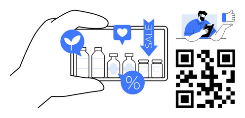 Products displayed on smartphone screen with sale, percentage and eco icons, user scanning QR code. Ideal for shopping, e-commerce, marketing, branding, sustainability, customer engagement simple