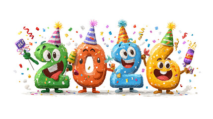 happy new year card with funny monsters on white background 