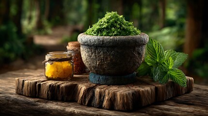 Mortar and pestle with crushed herbs beside labeled glass jars of natural plant-based remedies.