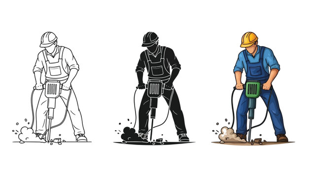 Worker using a jackhammer for demolition, illustrated in three styles line art, silhouette and color