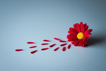 Bright red flower petals scattered creating a trail on blue background