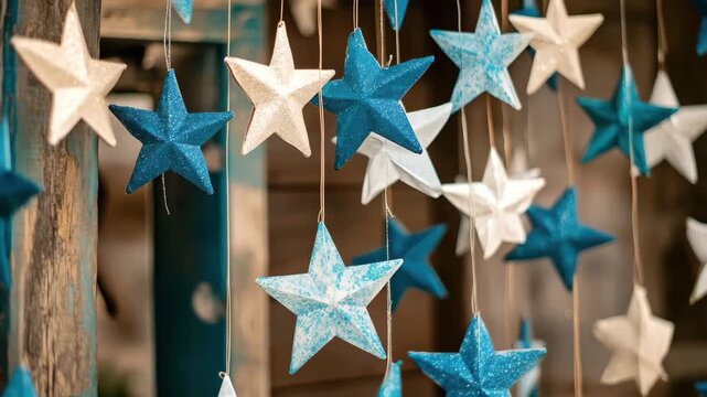 Vibrant stars in shades of blue and white dangle from strings, enhancing a warm and inviting ambiance in a decorated space, perfect for celebrations.