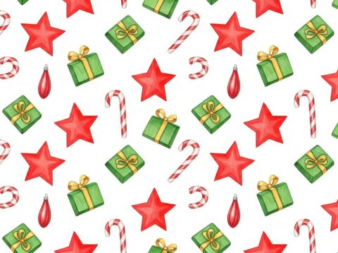 Seamless watercolor pattern with red christmas stars, green gift boxes, candy canes, and red ornament baubles on a white background - Powered by Adobe