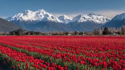 Vibrant field of colorful tulips stretching across the valley with snow-capped andes mountains and clear blue sky in trevelin, argentina, showcasing breathtaking natural landscape and scenic floral be