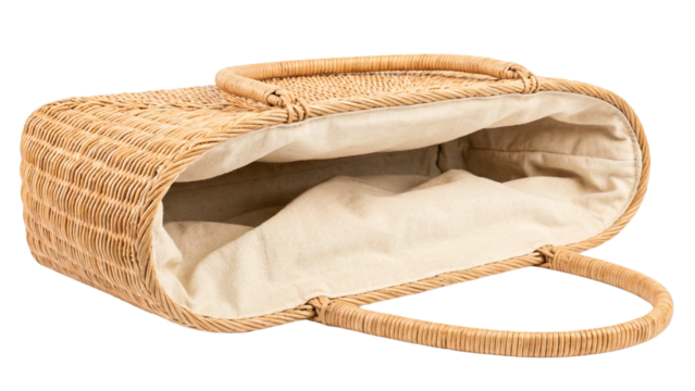 Open woven straw tote bag showing interior fabric lining and handles