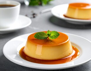 Close-up of caramel flan desserts with mint, coffee cup, and plate