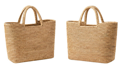 Set of two woven straw tote bags in natural fibers showing front and side views