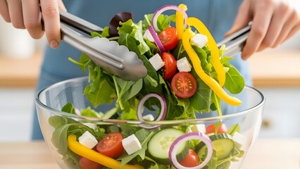 Close-up of hands serving fresh vibrant mixed greens salad into a glass bowl
