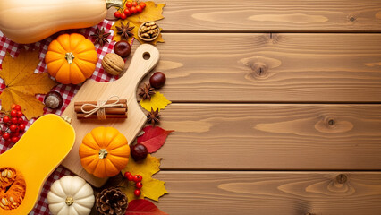 Autumn Harvest Vegetables and Spices on Wooden Plank Background