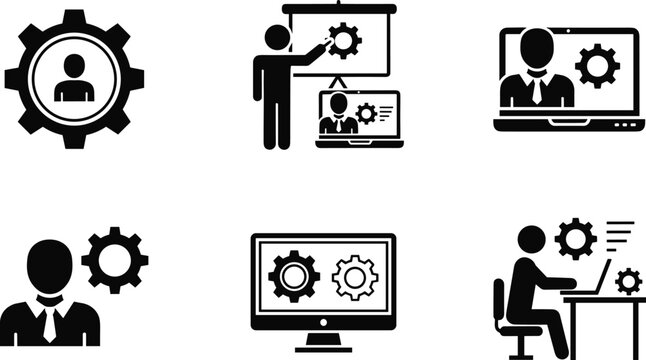 Business management icons showing teamwork, workflow settings, technical support, training presentation, engineering process, and professional development using gears and computer technology